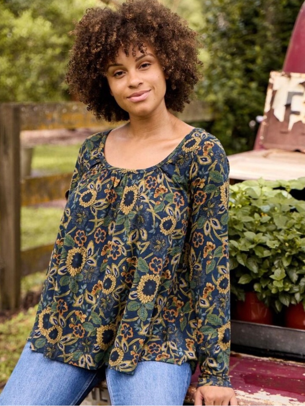 Natural Life Iris Top Long Sleeve Babydoll Relaxed Floral Boho Forest Fairy